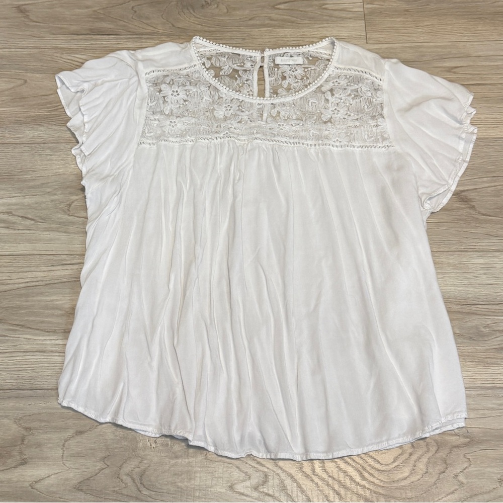 August Mist White Lace Yoke Flutter Sleeve Boho Blouse Plus Size 3X